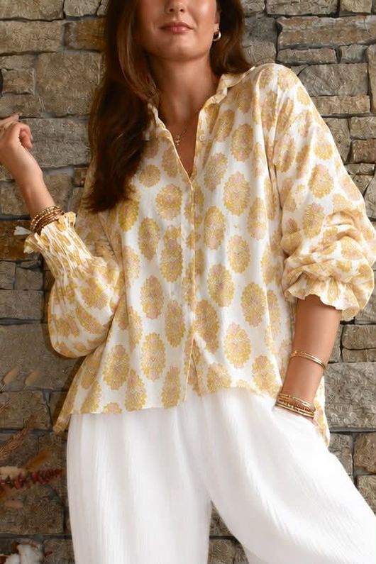 Daughter Of Ibiza Indira Balloon Sleeve Shirt Ochre & Rose Pre order 14 days